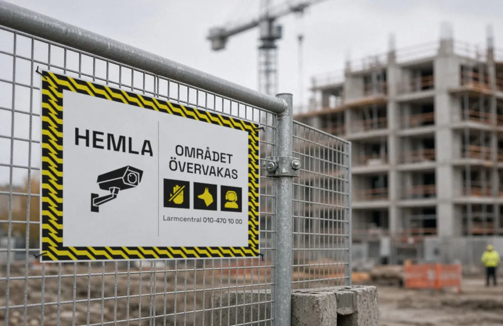 En HEMLA-skylt på ett byggstängsel: Området övervakas